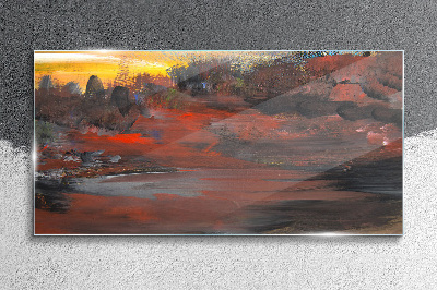 Sunset over a volcanic landscape Glass Wall Art