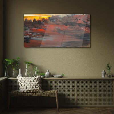 Sunset over a volcanic landscape Glass Wall Art