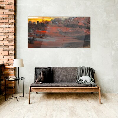 Sunset over a volcanic landscape Glass Wall Art