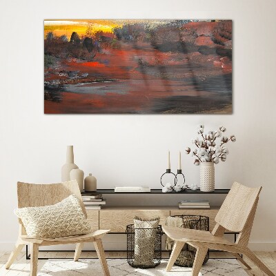 Sunset over a volcanic landscape Glass Wall Art