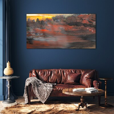 Sunset over a volcanic landscape Glass Wall Art