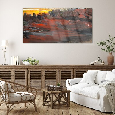 Sunset over a volcanic landscape Glass Wall Art