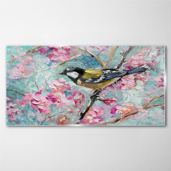Spring bird singing on a branch Glass Wall Art