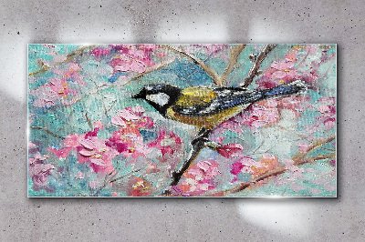 Spring bird singing on a branch Glass Wall Art