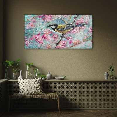 Spring bird singing on a branch Glass Wall Art