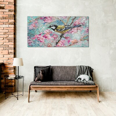 Spring bird singing on a branch Glass Wall Art