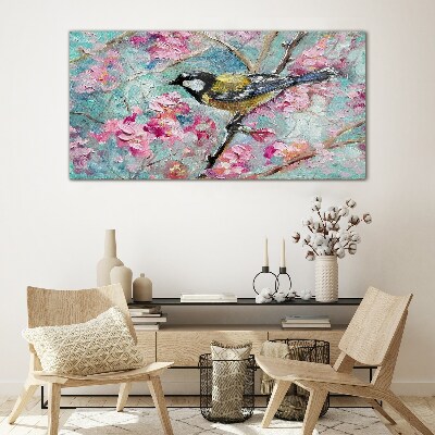 Spring bird singing on a branch Glass Wall Art