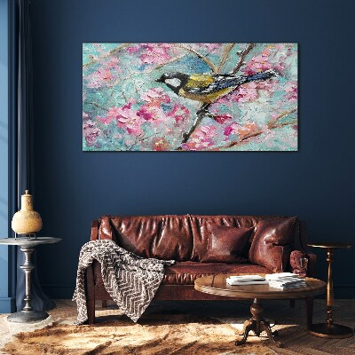 Spring bird singing on a branch Glass Wall Art