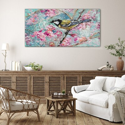 Spring bird singing on a branch Glass Wall Art