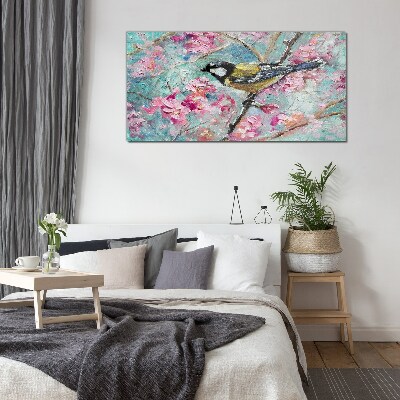 Spring bird singing on a branch Glass Wall Art