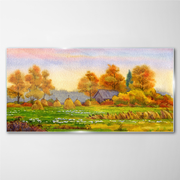 Autumn village with orchard and stacks Glass Wall Art