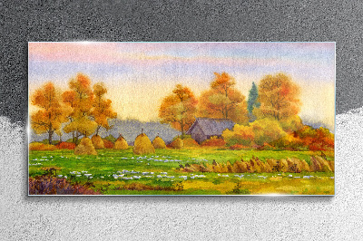 Autumn village with orchard and stacks Glass Wall Art