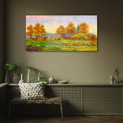 Autumn village with orchard and stacks Glass Wall Art