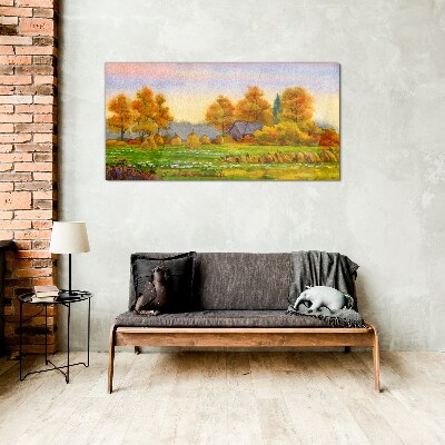 Autumn village with orchard and stacks Glass Wall Art