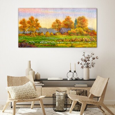 Autumn village with orchard and stacks Glass Wall Art