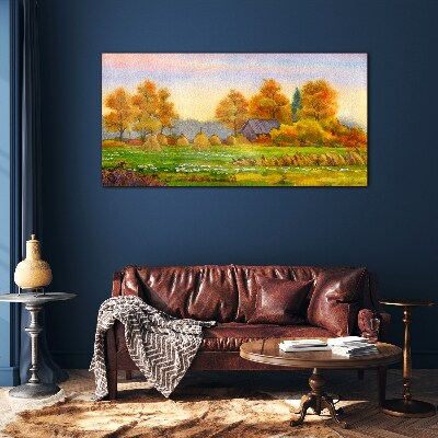 Autumn village with orchard and stacks Glass Wall Art