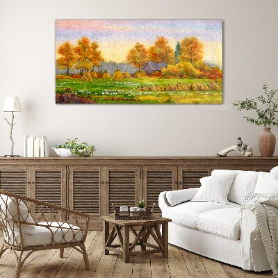 Autumn village with orchard and stacks Glass Wall Art