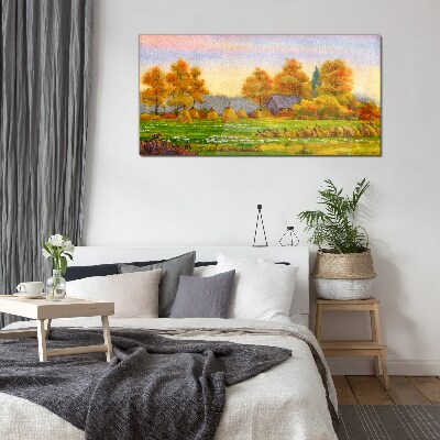 Autumn village with orchard and stacks Glass Wall Art