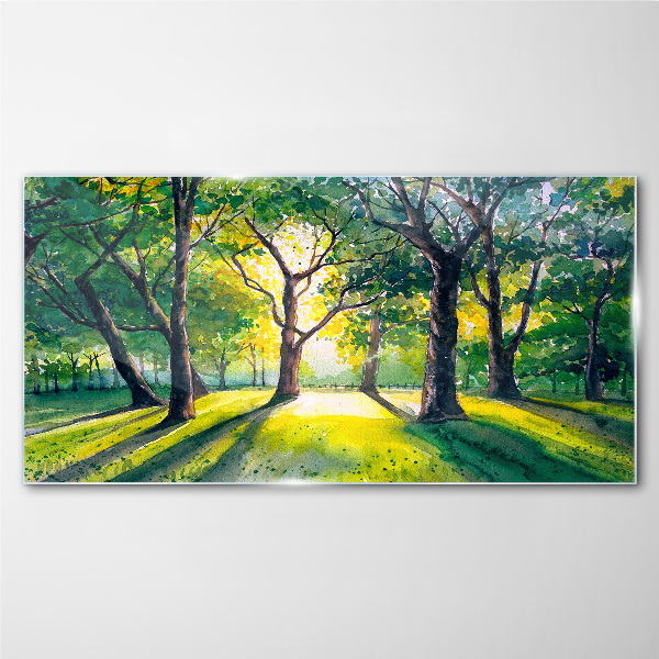 Golden rays in the forest grove Glass Wall Art