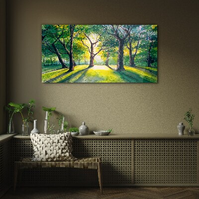Golden rays in the forest grove Glass Wall Art