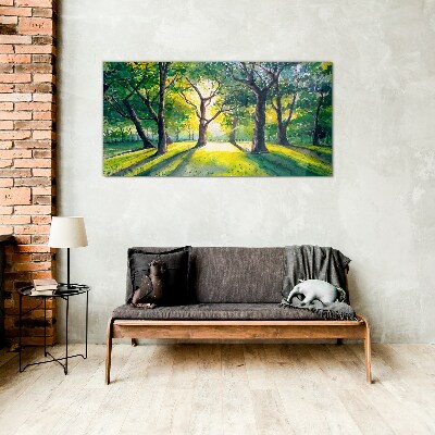 Golden rays in the forest grove Glass Wall Art