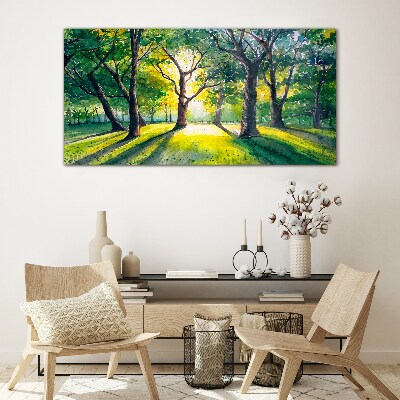 Golden rays in the forest grove Glass Wall Art