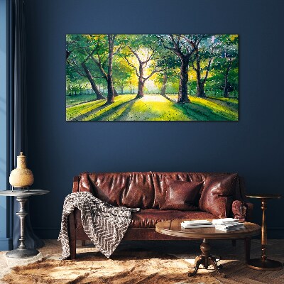 Golden rays in the forest grove Glass Wall Art