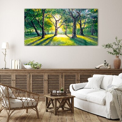Golden rays in the forest grove Glass Wall Art