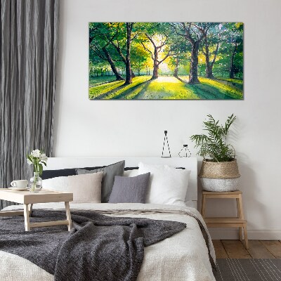 Golden rays in the forest grove Glass Wall Art