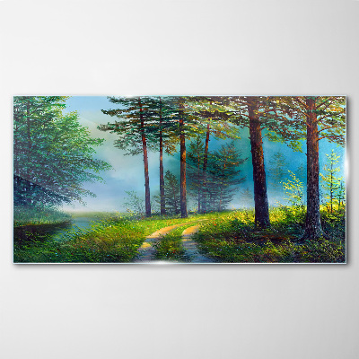 Forest path in the morning fog Glass Wall Art