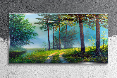 Forest path in the morning fog Glass Wall Art