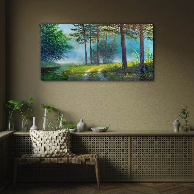 Forest path in the morning fog Glass Wall Art