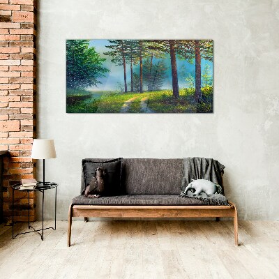 Forest path in the morning fog Glass Wall Art