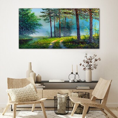 Forest path in the morning fog Glass Wall Art