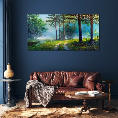Forest path in the morning fog Glass Wall Art