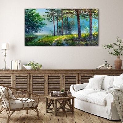 Forest path in the morning fog Glass Wall Art