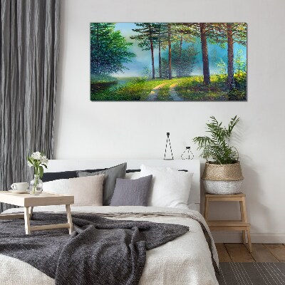 Forest path in the morning fog Glass Wall Art