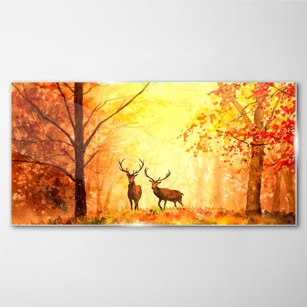 Autumn meeting of deer Glass Wall Art
