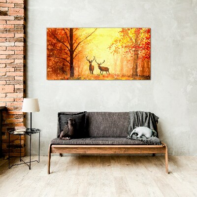 Autumn meeting of deer Glass Wall Art