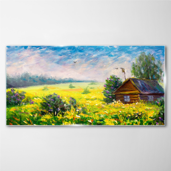 Summer landscapes with a cottage in the field Glass Wall Art