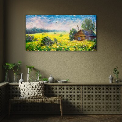 Summer landscapes with a cottage in the field Glass Wall Art