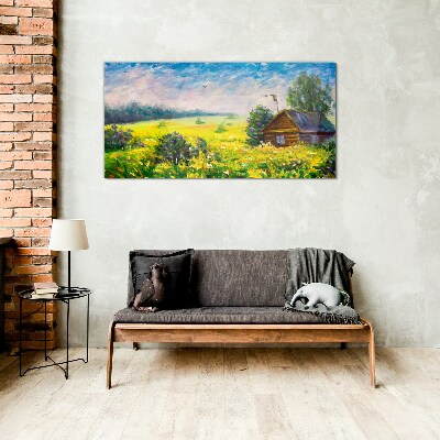 Summer landscapes with a cottage in the field Glass Wall Art