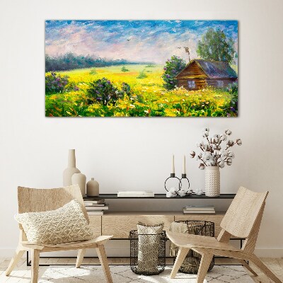 Summer landscapes with a cottage in the field Glass Wall Art