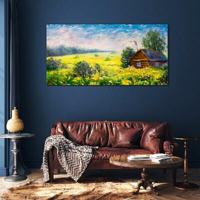 Summer landscapes with a cottage in the field Glass Wall Art