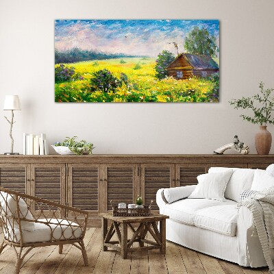 Summer landscapes with a cottage in the field Glass Wall Art