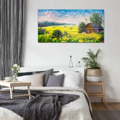 Summer landscapes with a cottage in the field Glass Wall Art