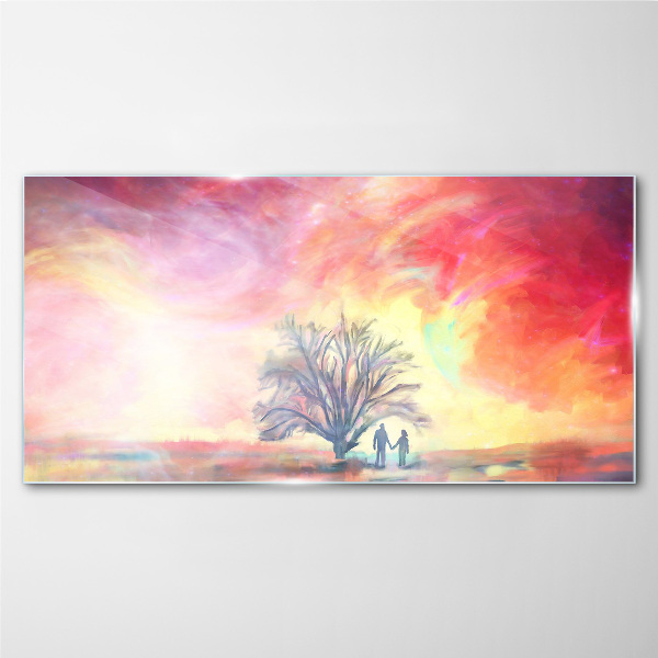 Romantic sunset under the tree Glass Wall Art