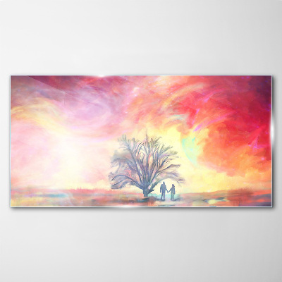 Romantic sunset under the tree Glass Wall Art