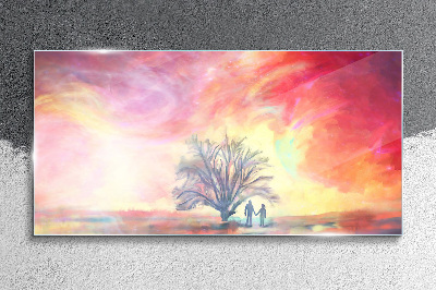 Romantic sunset under the tree Glass Wall Art