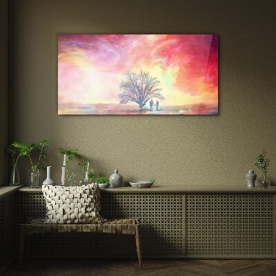 Romantic sunset under the tree Glass Wall Art